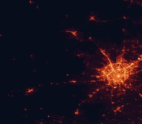 Satellite night-light map of the 100 km around Hill Country State Natural Area, with San Antonio, Schertz and Kerrville marked