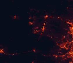 Satellite night-light map of the 50 km around Horseshoe Bay, with Granite Shoals, Marble Falls and Lakeway marked