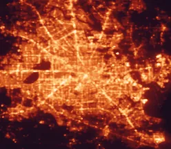 Satellite night-light map of the 50 km around Houston, with Pasadena, Cypress and Pearland marked