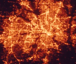 Satellite night-light map of the 50 km around Irving, with Dallas, Fort Worth and Arlington marked