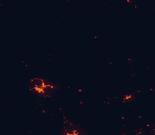 Satellite night-light map of the 100 km around Kickapoo Cavern State Park, with Ciudad Acuña, Del Rio and Uvalde marked