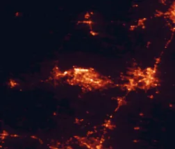 Satellite night-light map of the 50 km around Killeen, with Fort Cavazos, Harker Heights and Temple marked