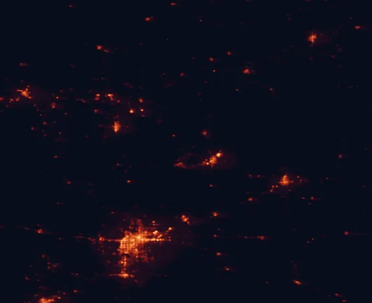 Satellite night-light map of the 100 km around Lake Meredith National Recreation Area, with Amarillo, Borger and Dumas marked