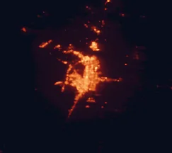 Satellite night-light map of the 50 km around Laredo, with El Campanario y Oradel, Rio Bravo and El Cenizo marked