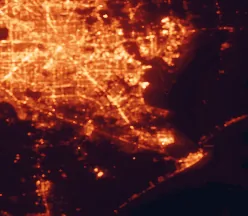 Satellite night-light map of the 50 km around League City, with Houston, Pasadena and Pearland marked