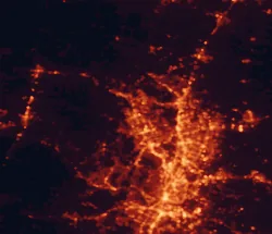 Satellite night-light map of the 50 km around Leander, with Austin, Round Rock and Cedar Park marked