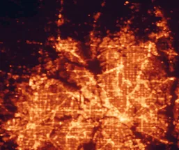 Satellite night-light map of the 50 km around Lewisville, with Dallas, Fort Worth and Arlington marked