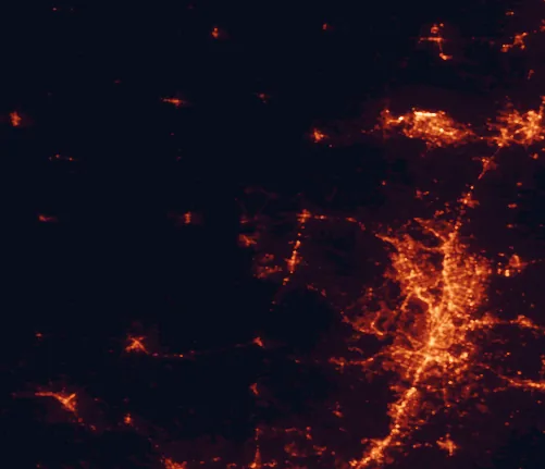 Satellite night-light map of the 100 km around Longhorn Cavern State Park, with Austin, Killeen and Round Rock marked