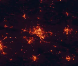 Satellite night-light map of the 50 km around Longview, with Kilgore, Marshall and White Oak marked