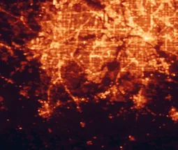 Satellite night-light map of the 50 km around Mansfield, with Fort Worth, Dallas and Arlington marked