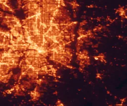 Satellite night-light map of the 50 km around Mesquite, with Dallas, Garland and Plano marked