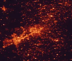 Satellite night-light map of the 50 km around Midland, with Odessa, West Odessa and Andrews marked