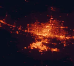 Satellite night-light map of the 50 km around Mission, with Reynosa, McAllen and Pharr marked