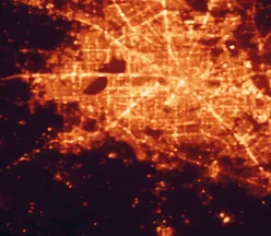 Satellite night-light map of the 50 km around Missouri City, with Houston, Sugar Land and Cypress marked