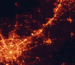 Satellite night-light map of the 50 km around New Braunfels, with San Antonio, San Marcos and Schertz marked