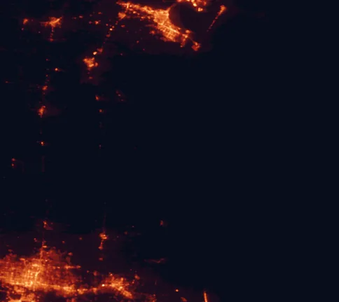 Satellite night-light map of the 100 km around Padre Island National Seashore, with Corpus Christi, McAllen and Edinburg marked