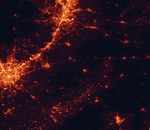 Satellite night-light map of the 100 km around Palmetto State Park, with San Antonio, Austin and New Braunfels marked