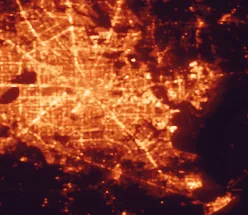 Satellite night-light map of the 50 km around Pasadena, with Houston, Pearland and Cypress marked