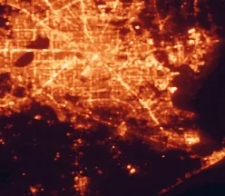 Satellite night-light map of the 50 km around Pearland, with Houston, Pasadena and League City marked