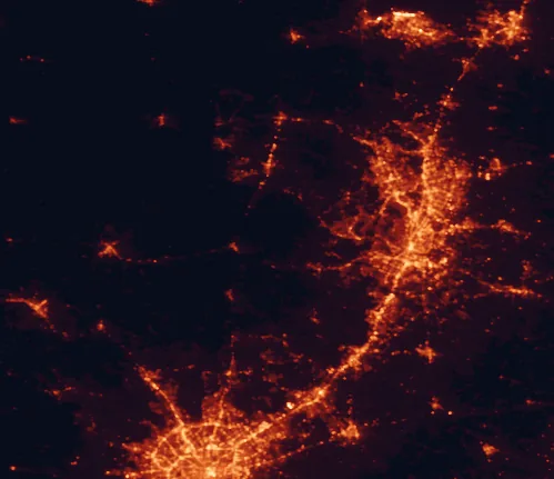 Satellite night-light map of the 100 km around Pedernales Falls State Park, with Austin, Round Rock and Killeen marked