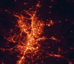 Satellite night-light map of the 50 km around Pflugerville, with Austin, Round Rock and Cedar Park marked