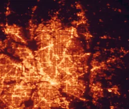 Satellite night-light map of the 50 km around Plano, with Dallas, Garland and Arlington marked