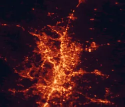 Satellite night-light map of the 50 km around Round Rock, with Austin, Pflugerville and Cedar Park marked