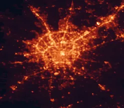 Satellite night-light map of the 50 km around San Antonio, with New Braunfels, Schertz and Cibolo marked