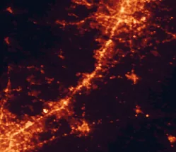 Satellite night-light map of the 50 km around San Marcos, with Austin, New Braunfels and Kyle marked