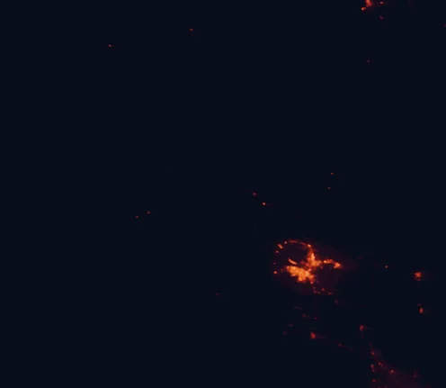 Satellite night-light map of the 100 km around Seminole Canyon State Park and Historic Site, with Ciudad Acuña and Del Rio marked