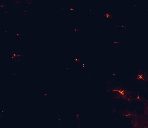 Satellite night-light map of the 100 km around South Llano River State Park, with Kerrville and Fredericksburg marked