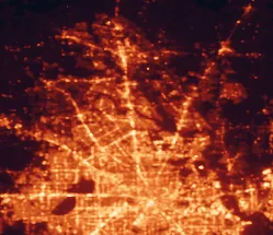 Satellite night-light map of the 50 km around Spring, with Houston, Cypress and The Woodlands marked