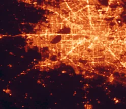 Satellite night-light map of the 50 km around Sugar Land, with Houston, Cypress and Missouri City marked