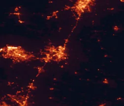 Satellite night-light map of the 50 km around Temple, with Killeen, Belton and Harker Heights marked