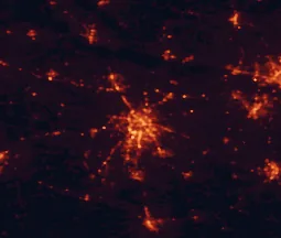 Satellite night-light map of the 50 km around Tyler, with Whitehouse, Kilgore and Jacksonville marked
