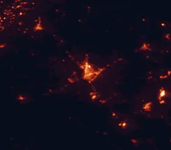 Satellite night-light map of the 50 km around Victoria, with Port Lavaca, Cuero and Edna marked