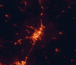 Satellite night-light map of the 50 km around Waco, with Hewitt, Bellmead and Robinson marked