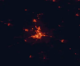 Satellite night-light map of the 50 km around Wichita Falls, with Burkburnett, Iowa Park and Henrietta marked