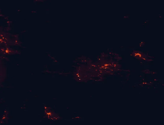 Satellite night-light map of the 100 km around Ashley National Forest, with Vernal, Heber City and Price marked