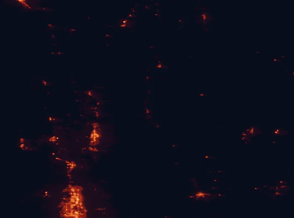Satellite night-light map of the 100 km around Bear Lake State Park, with Logan, Ogden and Roy marked