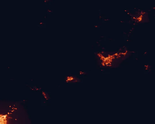 Satellite night-light map of the 100 km around Beaver Dam Wash National Conservation Area, with Saint George, Washington and Mesquite marked