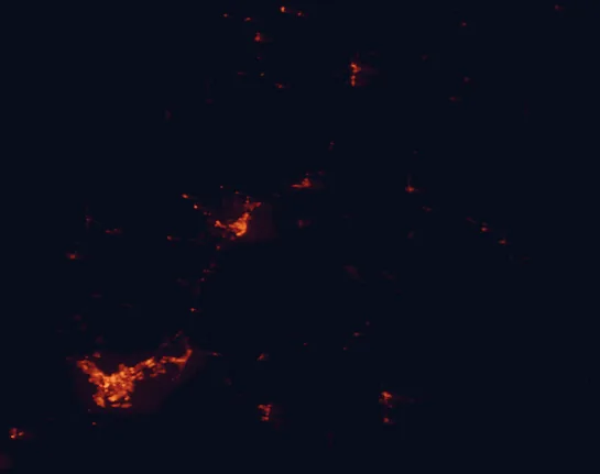 Satellite night-light map of the 100 km around Cedar Breaks National Monument, with Cedar City, Saint George and Washington marked