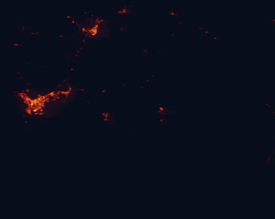 Satellite night-light map of the 100 km around Coral Pink Sand Dunes State Park, with Saint George, Cedar City and Washington marked