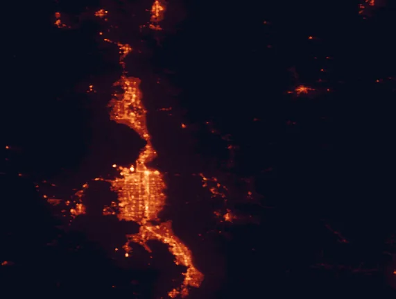 Satellite night-light map of the 100 km around East Canyon State Park, with Salt Lake City, West Valley City and West Jordan marked