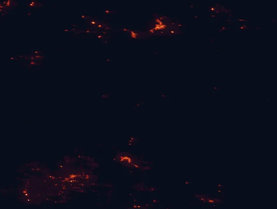 Satellite night-light map of the 100 km around Flaming Gorge National Recreation Area, with Rock Springs, Vernal and Green River marked