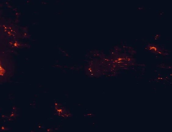 Satellite night-light map of the 100 km around Fred Hayes State Park at Starvation, with Vernal, Price and Heber City marked