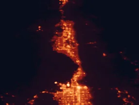 Satellite night-light map of the 50 km around Layton, with Salt Lake City, Ogden and West Valley City marked