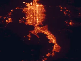Satellite night-light map of the 50 km around Lehi, with Salt Lake City, Orem and Provo marked