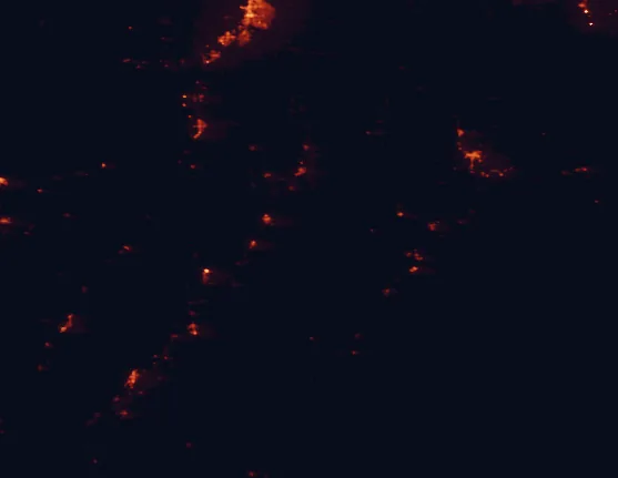 Satellite night-light map of the 100 km around Manti-La Sal National Forest, with Spanish Fork, Payson and Santaquin marked