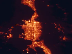 Satellite night-light map of the 50 km around Millcreek, with Salt Lake City, West Valley City and West Jordan marked